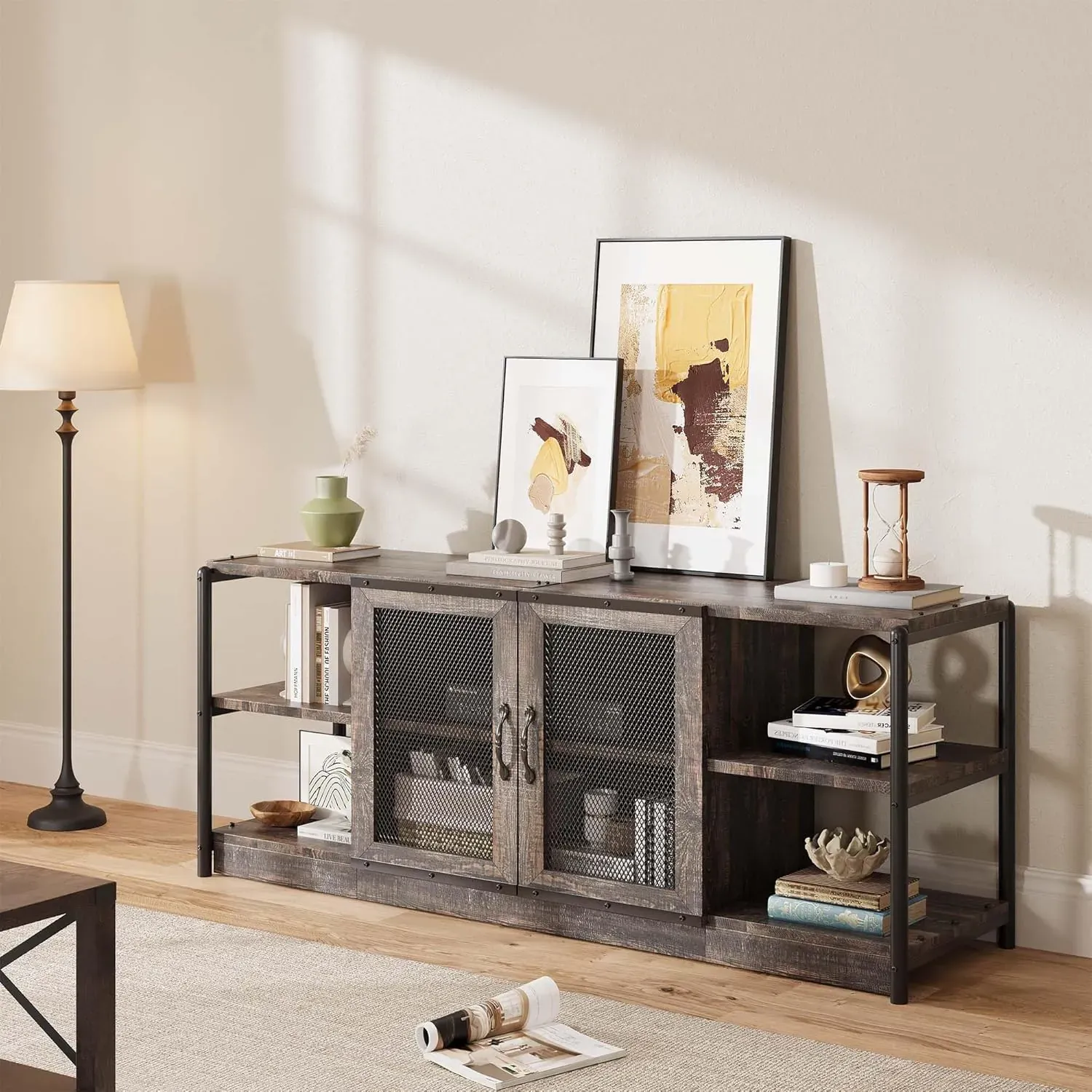 Industrial Farmhouse TV Stand for 75 in TVs, Rustic Oak, 63 in