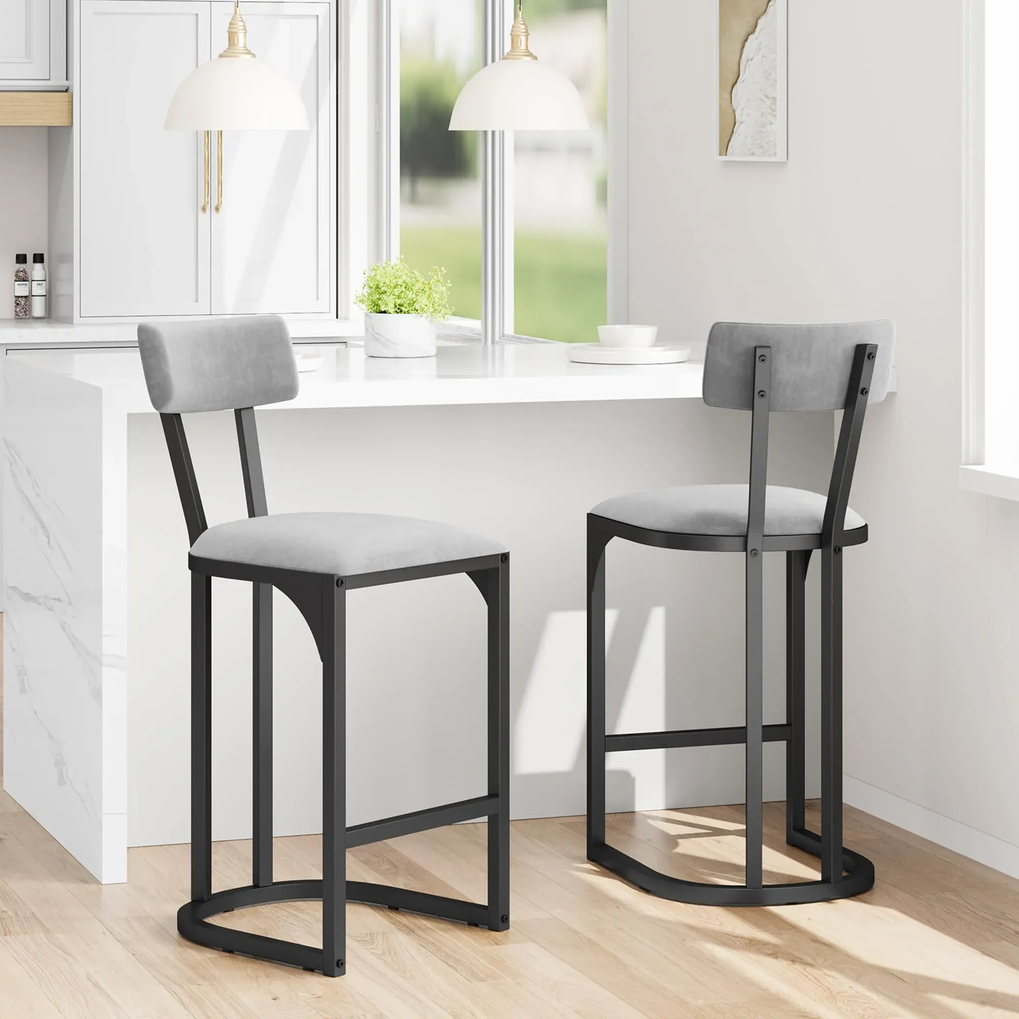 Counter Height Bar Stools with Backrest, Dark Grey, Set of 2