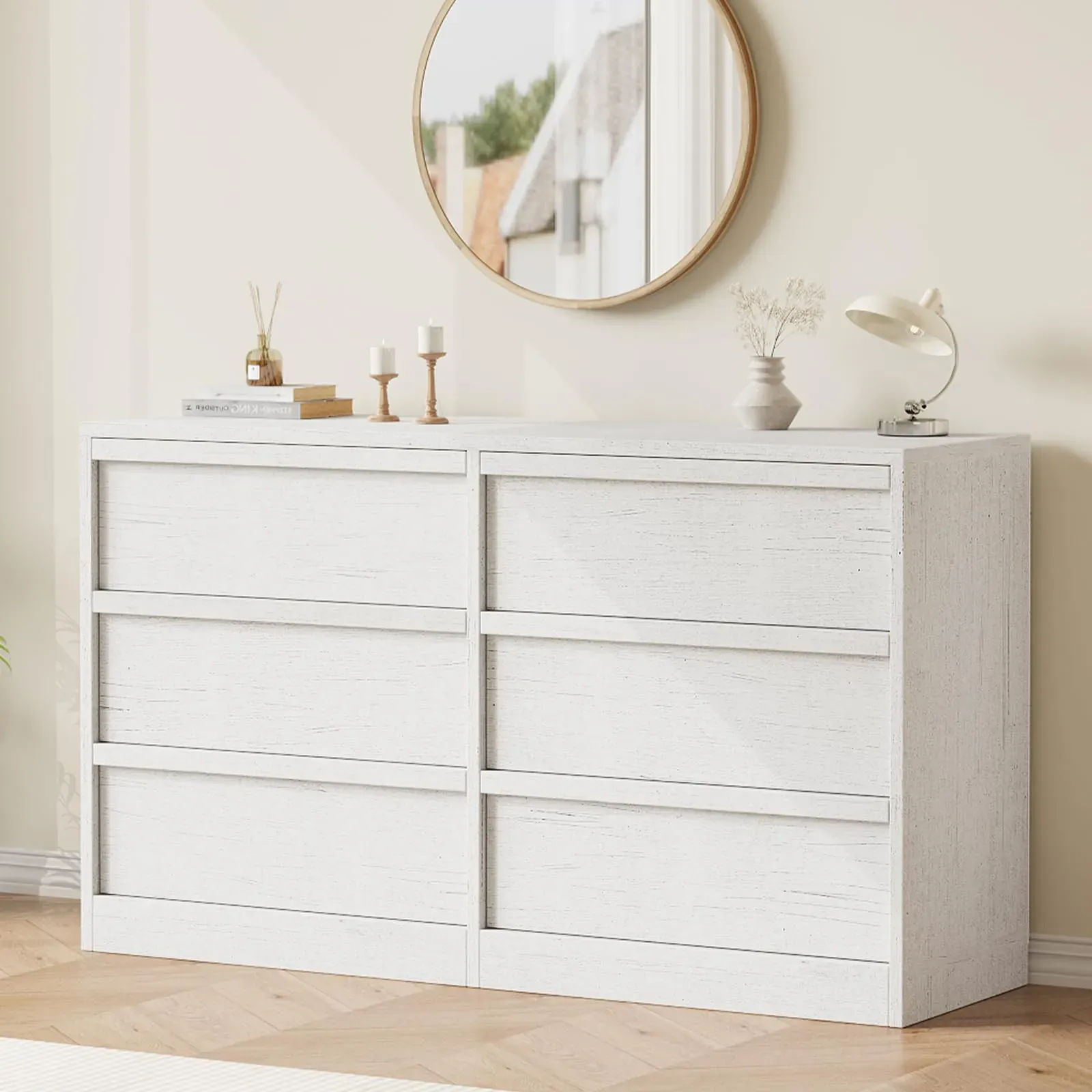 Six-Drawer Dresser for Bedroom, White, 46.7 in Wide